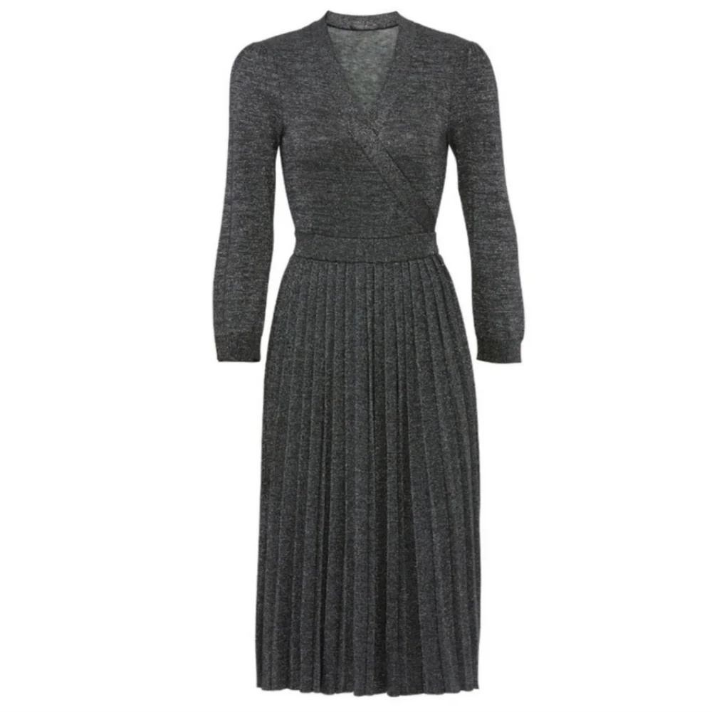Kate Spade New York Faux Wrap Dress Grey Metallic Silver Knit Pleated V Neck XS